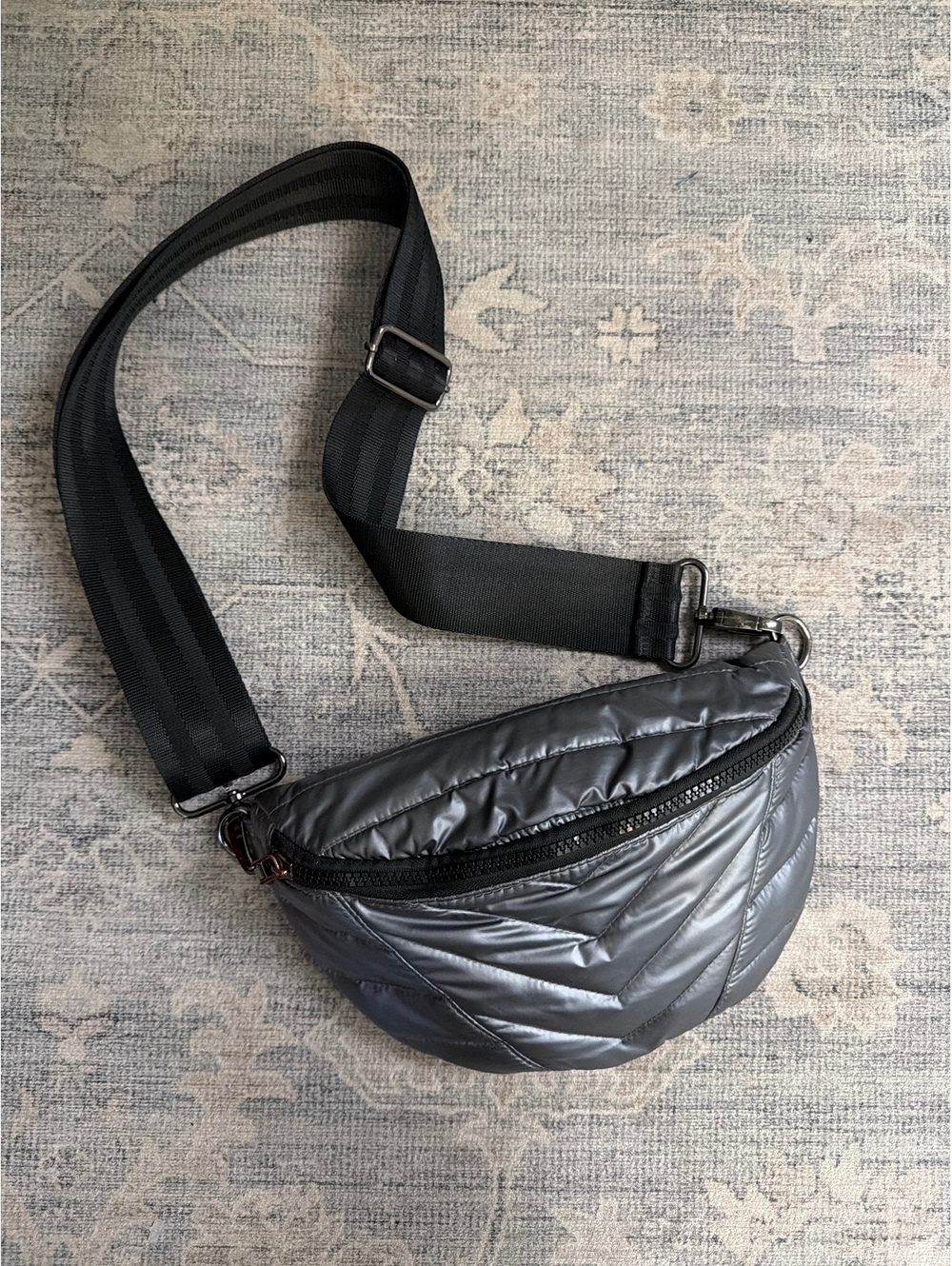 Think Royln Quilted Metallic Gray Crossbody Bag with Adjustable Strap